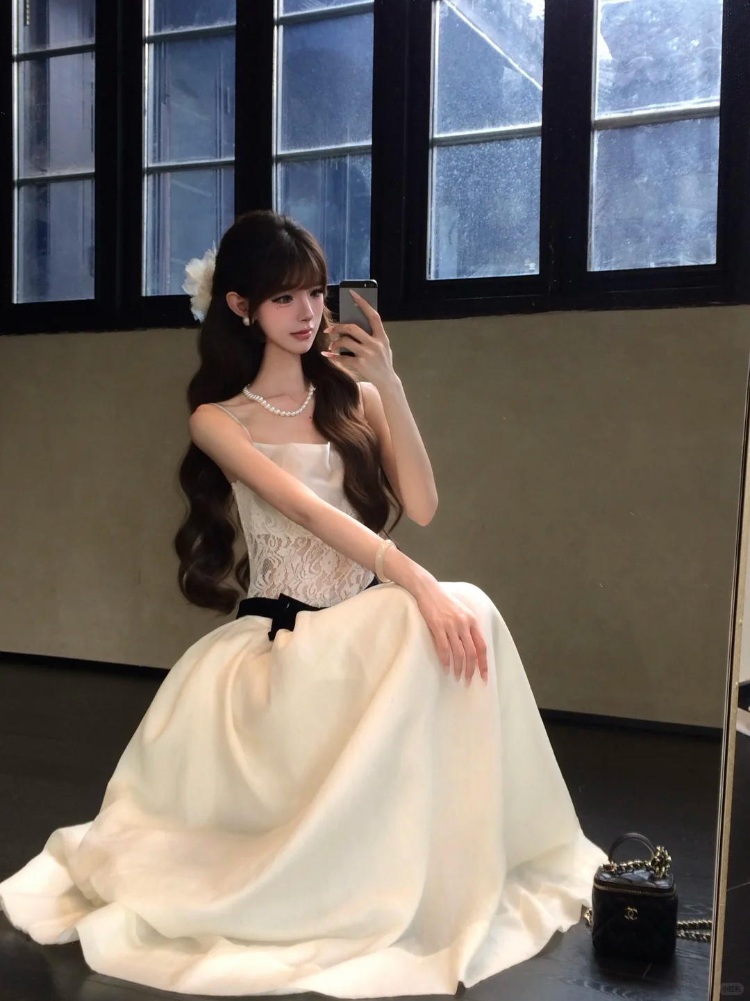 White Strapless Lace Long Evening Dress with Black Bow gh9413