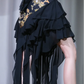 ✨Girlhomeshops-Black Gold Floral Print Asymmetrical Cocktail Dress, Square Neck Chiffon Ruffle Formal Gown gh9935