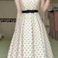 Vintage Cream Polka Dot Halter Sleeveless Midi Evening Gown, Collared V‑Neck With Black Bow Belt A‑Line Formal Prom Dress gh9010