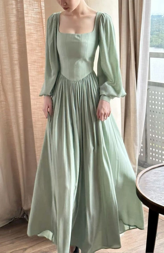 Girlhomeshops - Robes de demoiselle d'honneur Robe de bal en mousseline de soie à manches longues, coupe trapèze, élégante et fluide, vert clair, style rétro, gh5756
