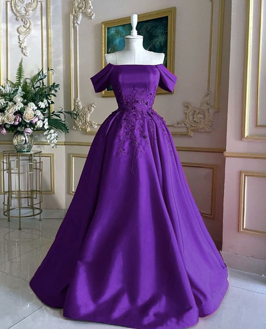 Lila Mode Elegant Exquisite Perlen Lange Satin Ballkleid Abendkleid gh3423