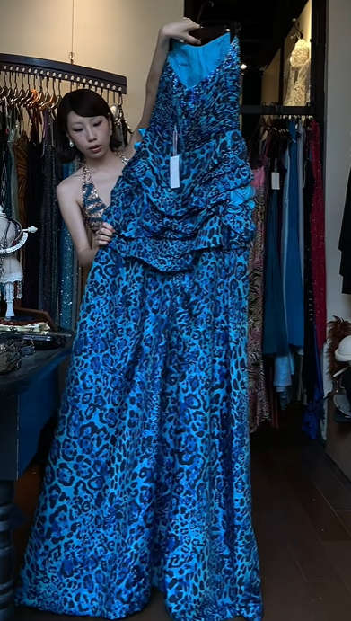 Turquoise Blue Leopard Strapless Mermaid Evening Gown 3D Flower Ruffle Beaded Long Formal Prom Dress gh9740