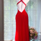 Bright Red Chiffon Long Evening Gown, V Neck Ruched Bodice with Rhinestone Wide Straps, Flowy Maxi Formal Prom Dress gh9493