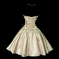 Champagne Satin Strapless Vintage Midi Prom Gown, Ruched Bodice, Large Side Black Satin Bow, High Fitted Waist, A‑Line Full Midi Skirt, Black Tulle Lining, Retro Cocktail Party Dress gh8876