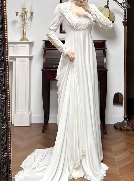 Ivory Vintage Soft Satin Wedding Gown, Lace‑Trimmed V‑Neck, Lace Inset Long Sleeves, Lace Appliqué Empire Waist, Draped Simple A‑Line Long Skirt, Lace Scalloped Hem, Short Train, Bridal Prom Dress gh8778