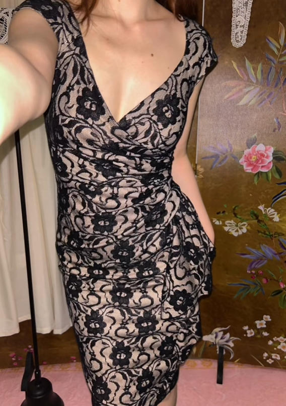 Light Brown Base Sexy Vintage Black Floral Pattern V-neck Fitted Waist Slim Prom & Evening Party Dress gh8430