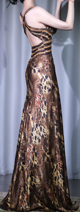 ✨Girlhomeshops-Leopard Print Long Evening Gown Wide Strap V Neck Satin Sequin gh10127
