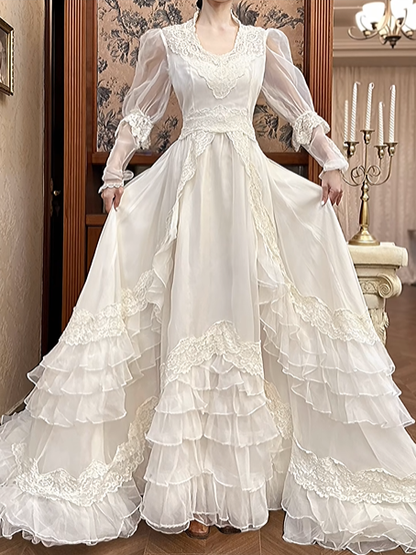 Ivory Vintage Tulle Wedding Gown, V‑Neck Lace Trim Collar, Puff Long Sleeves With Lace Cuffs, Wide Lace Belt Fitted Waist, Lace Trim Panel Skirt, Multi‑Tier Ruffle Cake Long Train, Prom & Wedding Dress gh8672