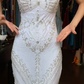 White Beaded Rhinestone Mermaid Prom Dress Spaghetti Straps V Neck Chiffon Long Evening Gown gh9838
