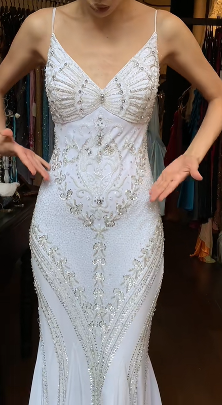 White Beaded Rhinestone Mermaid Prom Dress Spaghetti Straps V Neck Chiffon Long Evening Gown gh9838