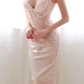 Women Romantic Midi Cocktail Dress Pearl Strap Deep V Corset Top Blush Pink Hand Beaded 3D Floral Lace Satin Evening Gown gh9589