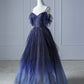 Blaues, wunderschönes, glänzendes Perlen-Spaghettiträger-Tüll-Abendkleid mit Farbverlauf und langen Ärmeln gh2580