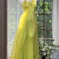 Lime Green Halter Rhinestone Pleated Chiffon Long Evening Dress, A-Line Flowy Prom Gown gh9507