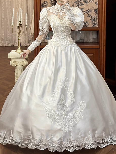 White Vintage Satin Ball Gown Wedding Prom Dress, Lace High Neck Illusion Sweetheart, Leg‑of‑Mutton Puff Sleeves, Boned Corset, Symmetrical Lace Appliqués, Scalloped Lace Hem gh8679
