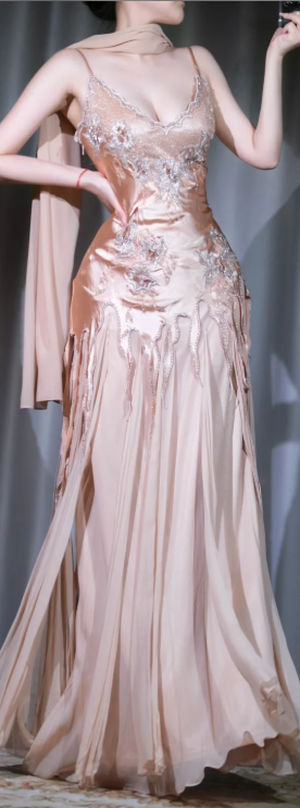 ✨Girlhomeshops-Nude Pink Spaghetti Strap 3D Floral Beaded Chiffon Mermaid Party Dress gh10015