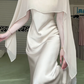 Beige Satin Cape Long Evening Gown, Round Neck Sheer Chiffon Cape Overlay Formal Prom Dress gh9020