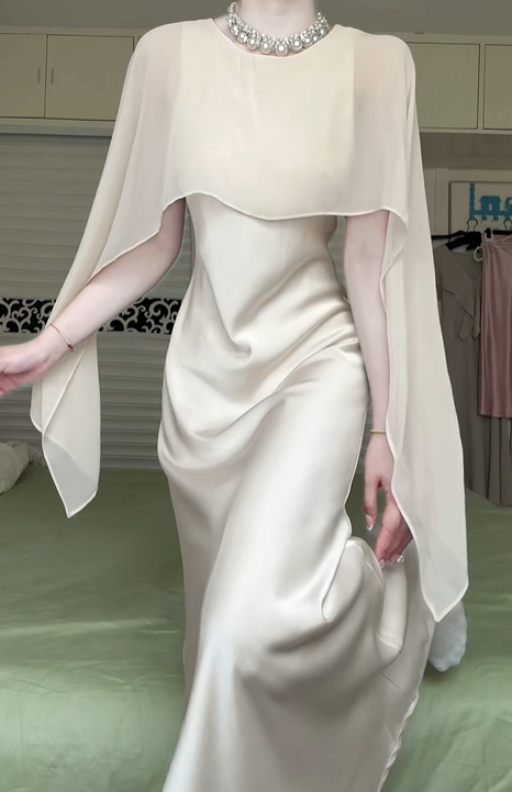 Beige Satin Cape Long Evening Gown, Round Neck Sheer Chiffon Cape Overlay Formal Prom Dress gh9020