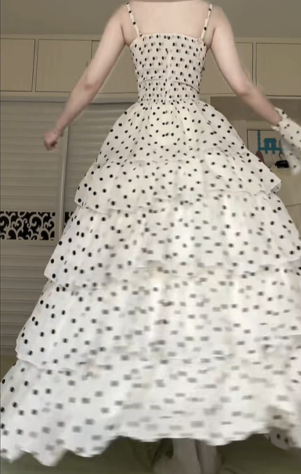 White‑Base Black Polka‑Dot Spaghetti Strap Long Evening Gown, Bow V‑Neck Tiered Cake Skirt Formal Prom Dress gh9026
