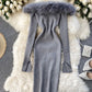 Black/white/gray autumn and winter fashion new sexy off-shoulder fashion fur collar slim hip knitted dress 11281