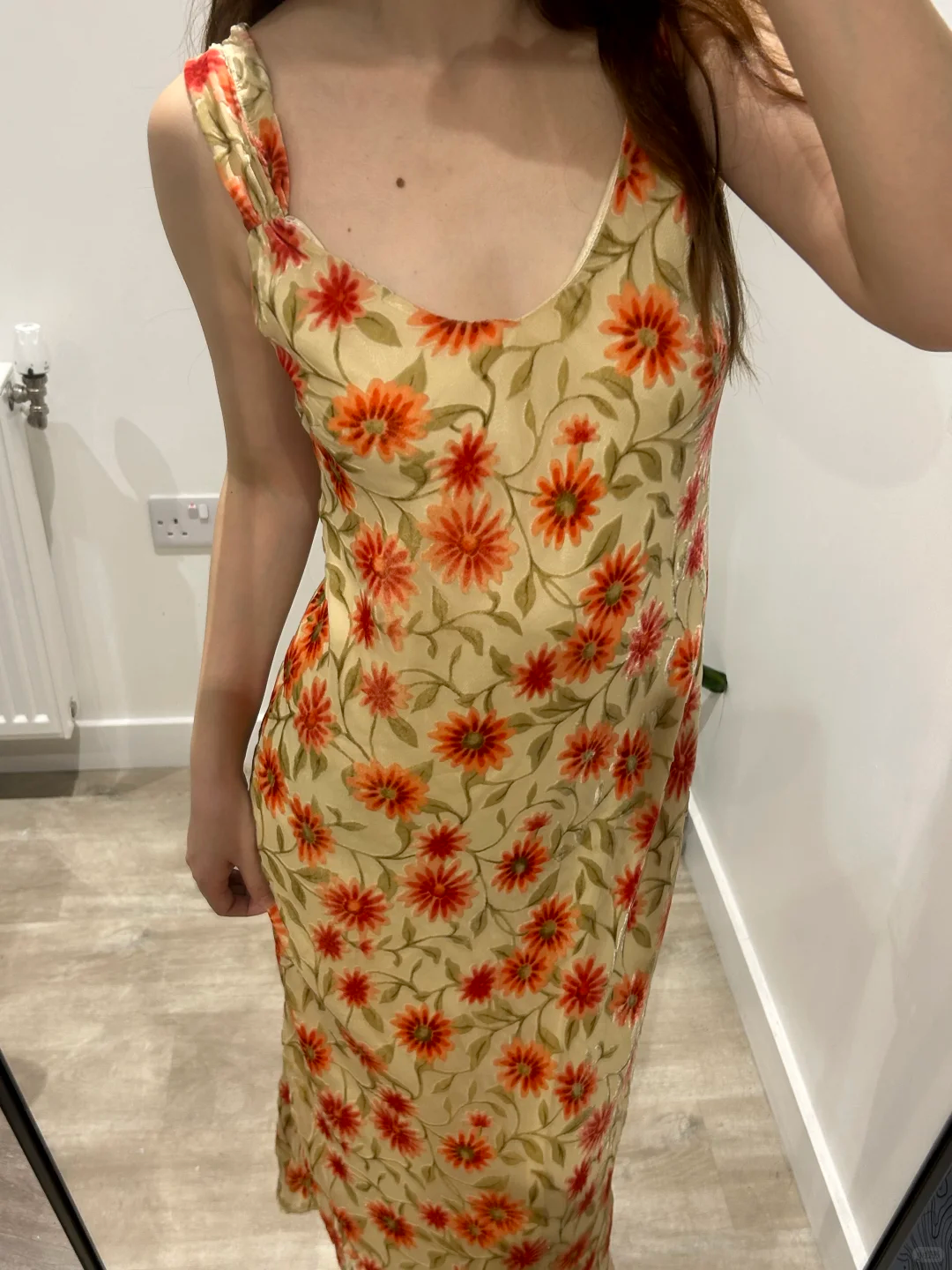 Light Yellow Vintage Small Sun Print Spaghetti Strap Fitted Waist Slim Long Prom & Evening Party Dress gh8445