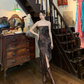 Strapless Tube Brown Mesh Evening Dress, Sequin Floral Pattern Bodycon High Slit Vintage Formal Gown gh9890