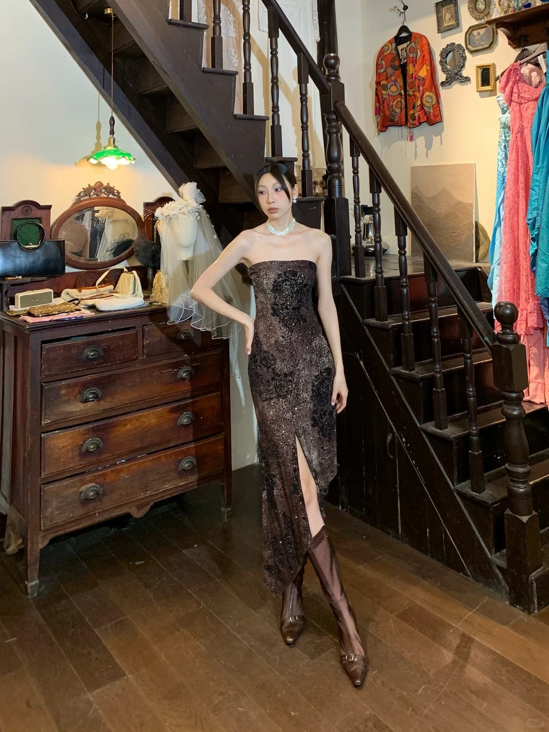 Strapless Tube Brown Mesh Evening Dress, Sequin Floral Pattern Bodycon High Slit Vintage Formal Gown gh9890