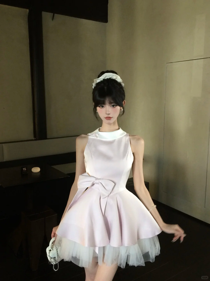 Women Elegant Light Pink Satin Homecoming Dress Halter Neck Big Side Bow Layered Tulle Flare Short Prom Gown gh9447