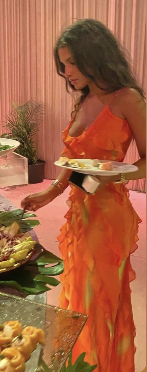 Robe de soirée longue sirène à bretelles spaghetti orange sexy à ourlet à volants, robe d'invité de mariage, robe de bal, robe de soirée moulante irrégulière gh3036