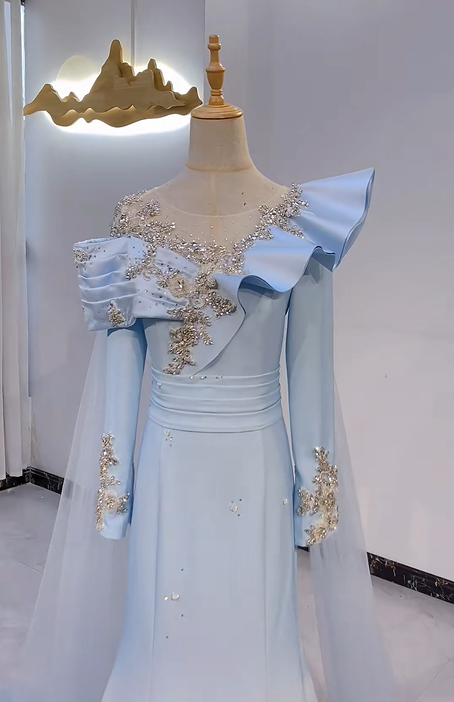 Light Blue Gradient Asymmetric Neckline Waist-Cinched Fitted Long Evening Dress, Fairy Gown, Romantic Gown gh7379