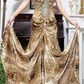 Gold‑Leopard‑Print‑Vintage Halter‑V‑Neck Silver‑Rhinestone‑Beading Chest‑Cut‑Out Ruched‑Waist Draped‑Mermaid Floor‑Length Evening Prom Gown gh8820
