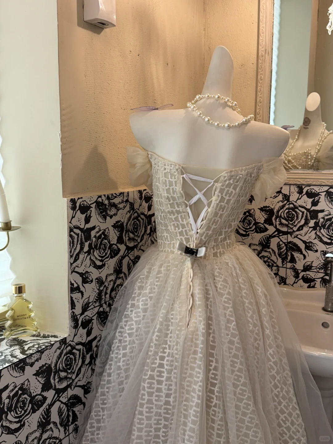 Ivory Off-the-Shoulder Check Pattern Designed Waist-Cinched A-Line Elegant Romantic Dress, Wedding Gown gh7723