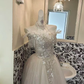 Ivory Gown With Silver Sequins, Vintage Luxury Waist-Cinched Full Flared Long Romantic Dress, Wedding Gown gh7716
