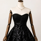 Black Gothic Midi Prom Dress, Sweetheart Strapless Lace Bodice Flocked Skull Damask Satin Overlay Tiered Ruffle Tulle Skirt Evening Gown gh9083