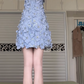 Charming Dusty Blue Halter Neck Short Homecoming Dress Sleeveless Cold‑Shoulder 3D Fabric Floral Appliques Rhinestone Detail Fitted A‑Line Mini Cocktail Gown for Prom Birthday Party Photoshoot gh8955