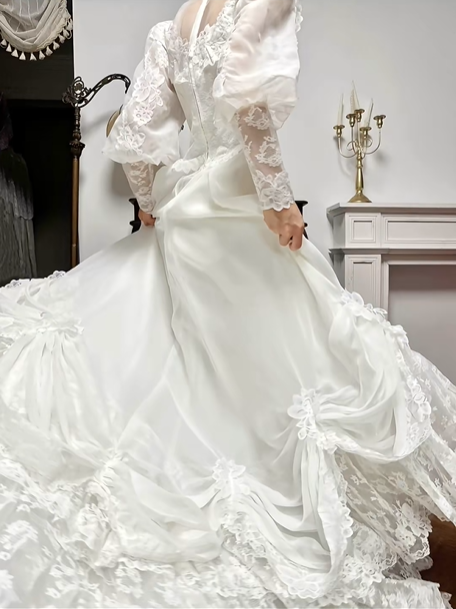 Ivory Vintage Lace High‑Neck Puff‑Sleeve Draped Ruched Long Train Wedding Dress gh8768