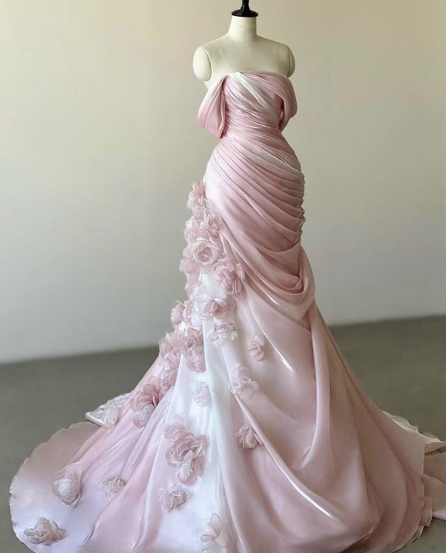 Wunderschönes, exquisites, florales, langes, plissiertes Tüllkleid mit bodenlanger Schleppe, Ballkleid, Abendkleid, Hochzeitskleid, gh3271