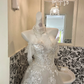 Ivory Strapless Embroidered Waist-Cinched A-Line Long Romantic Dress, Wedding Gown gh7692