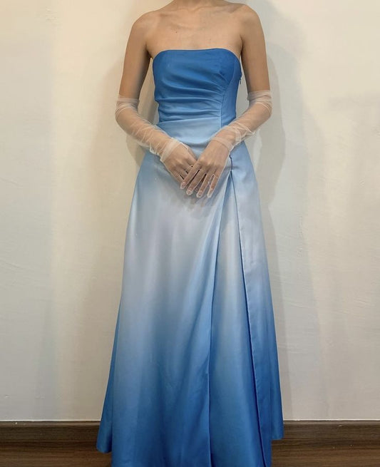 Blaues, modisches, schulterfreies, bodenlanges Ballkleid mit Farbverlauf und elegantem langem Satin-Abendkleid, Partykleid, Abschlussballkleid gh3685