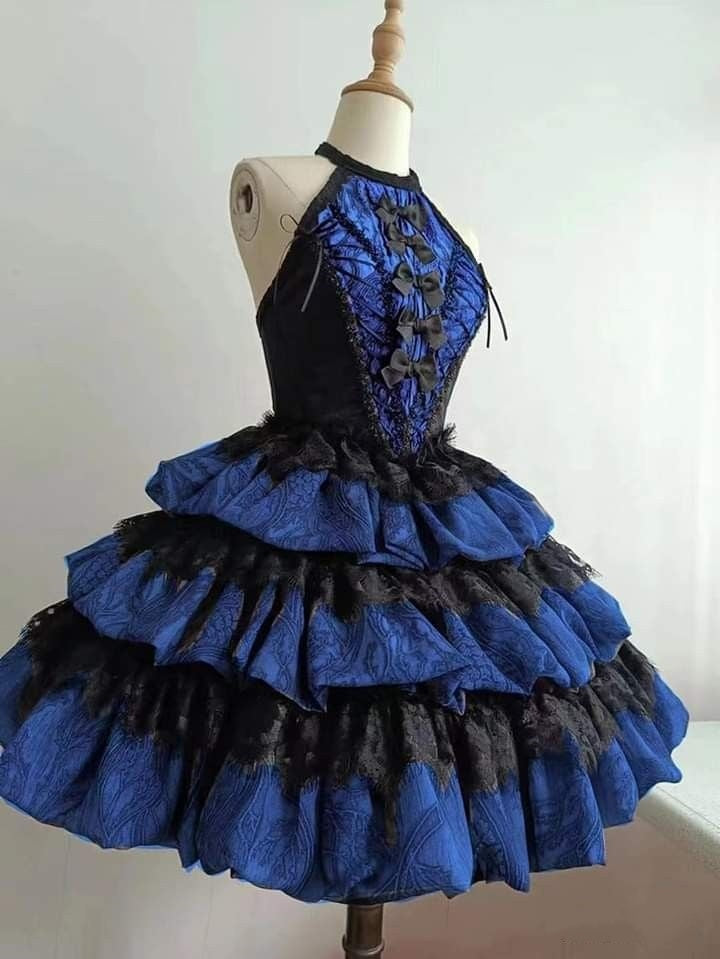 Blau-schwarzes kurzes Rüschen-Heimkehrkleid aus Spitze, Ballkleid, Geburtstagskleid gh4925