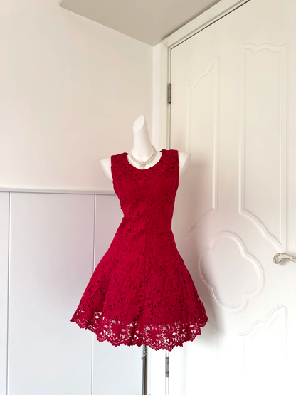 Burgundy Lace Homecoming Dress Sleeveless Round Neck A-Line Cocktail Party Gown gh9389