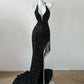 Black gorgeous V-neck shiny sexy elegant fringed mermaid slim floor-length tail long sequined ball gown evening dress party dress  Prom Dress gh3742