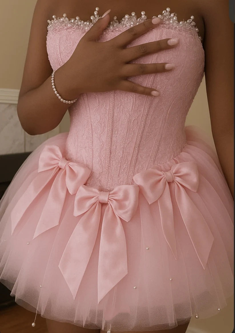 girlhomeshops--White/Pink Delicate Beaded Short Tulle Homecoming Dress gh5564