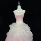 Off White Spaghetti Straps, Cinched Waist, Embroidered Vintage Elegant Gown with Blush Pink Voluminous Skirt, Romantic Dress, Wedding Gown gh8055