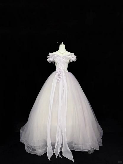 White Base Lavender Off-the-Shoulder Cinched Waist Voluminous Skirt Long Romantic Dress, Wedding Gown gh7836