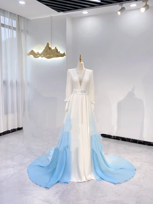 Light Blue & White Color Block V-Neck Waist-Cinched Fitted Long Magnificent Evening Dress, Fairy Gown, Romantic Gown gh7387