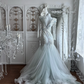 Light Blue Long Sleeve Floral Embroidered Waist-Cinched Mermaid Skirt Prom Gown, Evening Gown & Bridal Wedding Gown gh7351
