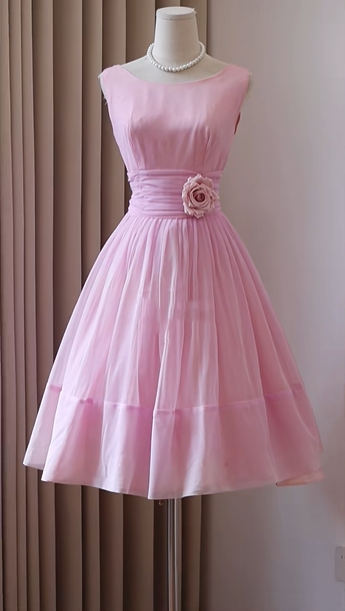 Light Pink Boat Neck Chiffon Homecoming Dress Sleeveless Ruched Waist A-Line Tea Length Formal Party Gown with 3D Rose Flower gh9455
