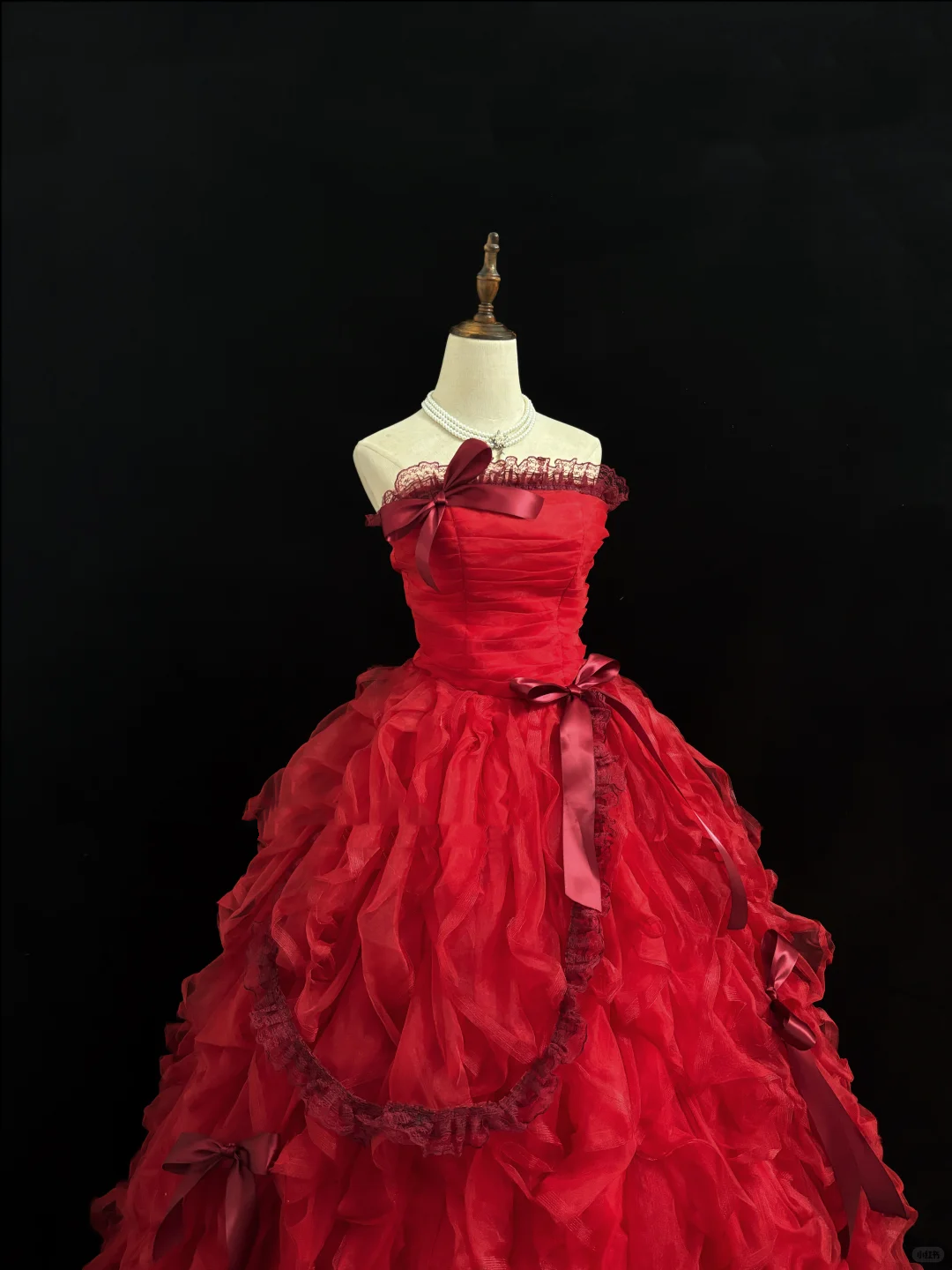 Red Strapless Cinched Waist Voluminous Tiered Skirt Long Romantic Dress, Wedding Gown gh7919