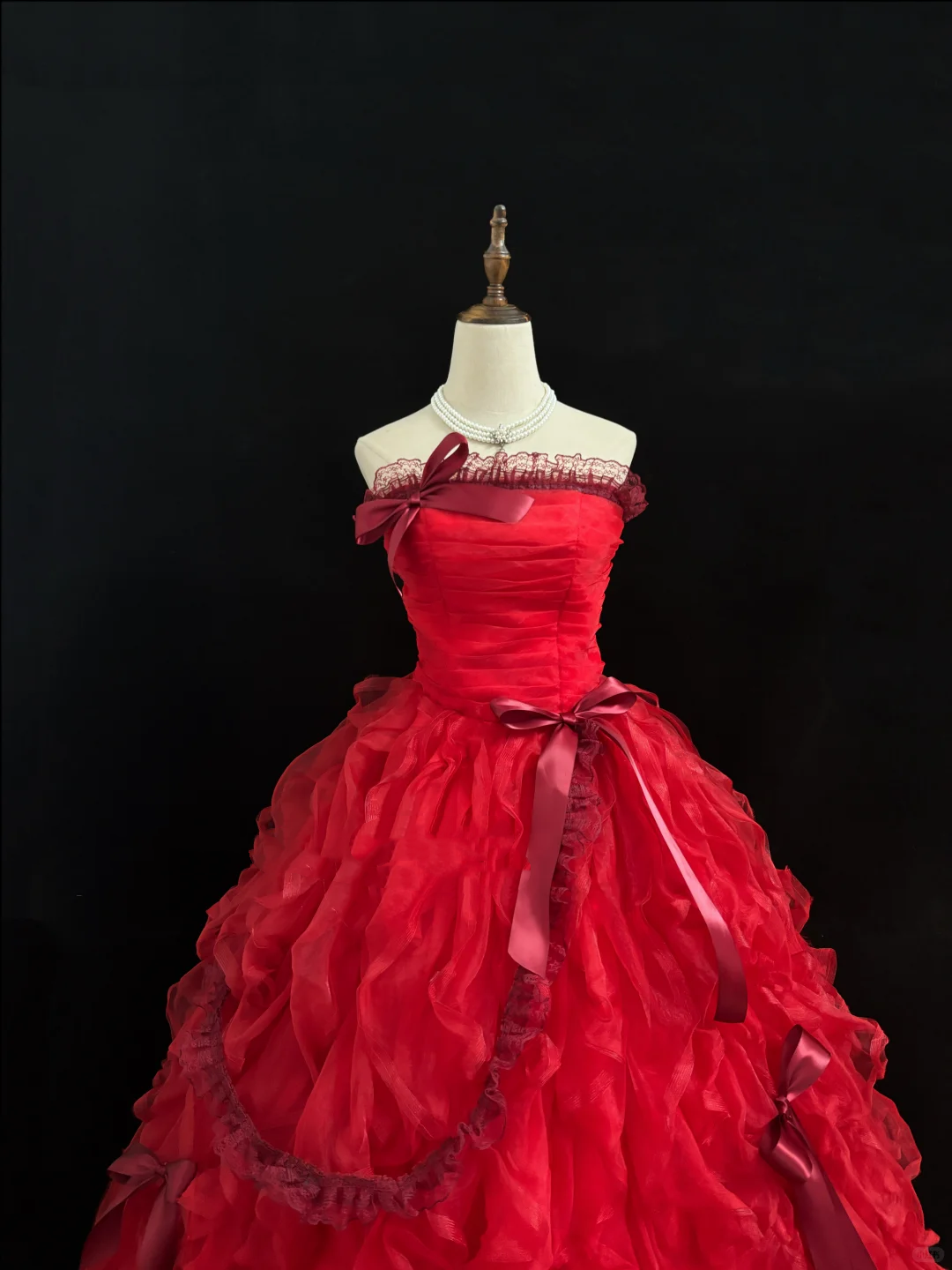 Red Strapless Cinched Waist Voluminous Tiered Skirt Long Romantic Dress, Wedding Gown gh7919