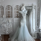 Light Blue Long Sleeve Floral Embroidered Waist-Cinched Mermaid Skirt Prom Gown, Evening Gown & Bridal Wedding Gown gh7351